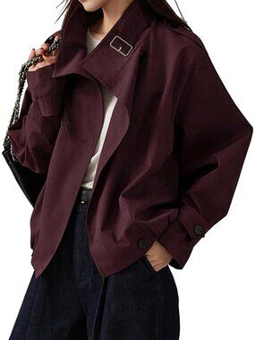 Women's Burgundy Oversized Funnel Neck Pocket Windbreaker Cropped Trench Coat